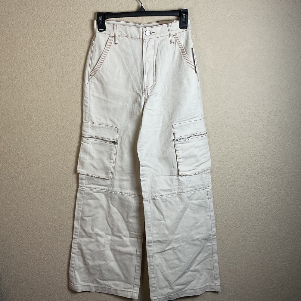 Pacsun Womens 23 Bone High Rise Wide Leg Denim Jeans Cargo Style Utility NEW NWT
